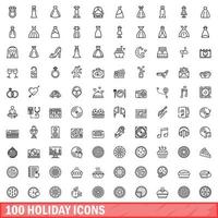 100 vakantie iconen set, Kaderstijl vector