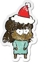 verontruste sticker cartoon van een fluitend meisje met een kerstmuts vector