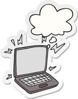 cartoon laptopcomputer en gedachte bel als een gedrukte sticker vector