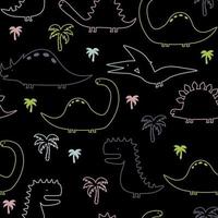 vector kinderen illustratie, print, kaart met schattige dinosaurussen en palmbomen. naadloos patroon