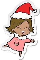 vrolijke sticker cartoon van een meisje met een kerstmuts vector