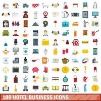 100 hotel business iconen set, vlakke stijl vector