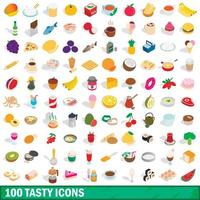 100 smakelijke iconen set, isometrische 3D-stijl vector