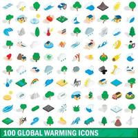 100 opwarming van de aarde iconen set, isometrische 3D-stijl vector