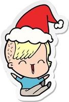 sticker cartoon van een gelukkig hipstermeisje met een kerstmuts vector