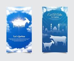 viering eid al adha mubarak ontwerpsjabloon verhalen collectie. islamitische achtergrond met koe, geit en blauwe lucht. vector