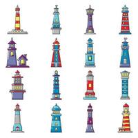 vuurtoren iconen set, cartoon stijl vector