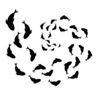 minimalistisch ontwerp van het zwarte silhouet van de vissengroep die in een spiraal zwemmen. geïsoleerd op een witte achtergrond. geweldig voor achtergrondlogo's van het zeeleven. vectorillustratie. vector