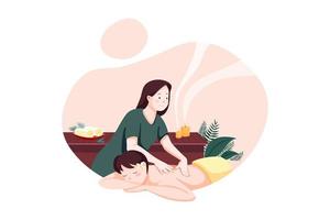 ontspannen vrouw krijgt rugmassage in luxe spa met professionele massagetherapeut. wellness-, genezings- en ontspanningsconcept. vector