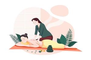 vrouw die massage maakt voor een jonge dame. spa-procedure in het interieur van de schoonheidssalon. rugbehandeling en ontspanning. vector