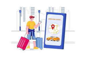 toerist met koffer die een mobiele app gebruikt om een auto te bestellen, de locatie wordt weergegeven op het scherm van de telefoon vector