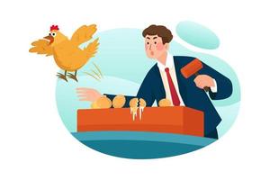 zakenman die het gouden ei breekt en een vliegende kip vector