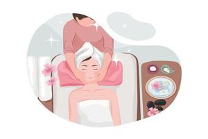 masseur doet massage op het lichaam van de vrouw in de spa salon. schoonheidsbehandeling concept. vector