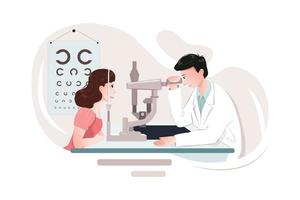 jonge vrouw met optometrist arts met medische apparatuur. vector