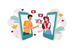 jongen geeft bloem aan vriendin via een online dating-app vector