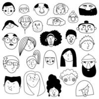 verzameling van schattige en diverse handgetekende gezichten in zwart-wit. mensenpictogrammen in doodle-stijl voor ontwerp, stickers, prints vector