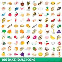 100 bakkerij iconen set, isometrische 3D-stijl vector