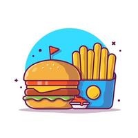 hamburger met frietjes cartoon vector pictogram illustratie. voedsel object pictogram concept geïsoleerde premium vector. platte cartoonstijl