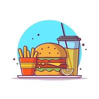 hamburger met sinaasappelsap, citroen, mosterd en frietjes cartoon vector pictogram illustratie. voedsel object pictogram concept geïsoleerde premium vector. platte cartoonstijl
