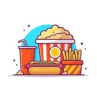 smakelijke combo menu hotdog met popcorn, frisdrank en frietjes cartoon vector pictogram illustratie. voedsel object pictogram concept geïsoleerde premium vector. platte cartoonstijl