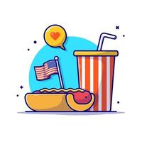 smakelijke hotdog met usa onafhankelijkheidsdag vlag, frisdrank en toespraak bubble cartoon vector pictogram illustratie. voedsel object pictogram concept geïsoleerde premium vector. platte cartoonstijl