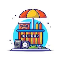 hotdog staan fastfood straat winkel met hotdog, saus en mosterd cartoon vector pictogram illustratie. eten en drinken pictogram concept geïsoleerde premium vector. platte cartoonstijl