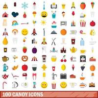 100 snoep iconen set, vlakke stijl vector