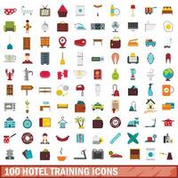 100 hotel opleiding iconen set, vlakke stijl vector