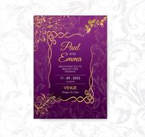 elegante bruiloft uitnodiging kaartsjabloon paarse bloemen groet, viering ceremonie receptie decoratie vector