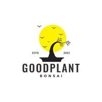 plant bonsai met zonsondergang en vogels logo ontwerp vector grafisch symbool pictogram illustratie creatief idee