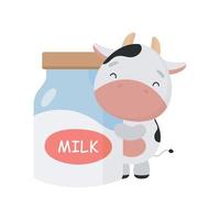 schattige koe met fles melk. cartoon-stijl. vectorillustratie. voor kaarten, posters, spandoeken, boeken, bedrukking op de verpakking, bedrukking op kleding, textiel of servies. vector