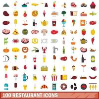 100 restaurant iconen set, vlakke stijl vector