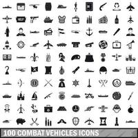 100 gevechtsvoertuigen iconen set, eenvoudige stijl vector