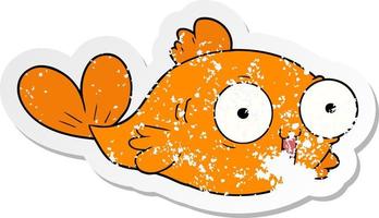 verontruste sticker van een vrolijke cartoon van een goudvis vector