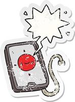 cartoon mobiel telefoonapparaat en spraakbel verontruste sticker vector