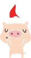 egale kleurenillustratie van een tevreden varken met een kerstmuts vector
