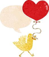 cartoon vogel met hart ballon en tekstballon in retro getextureerde stijl vector