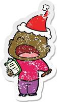 verontruste sticker cartoon van een schreeuwende kale man met een kerstmuts vector