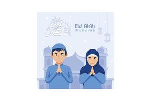 moslim paar illustratie voor eid mubarak groeten, happy eid al-fitr illustratie voor banner of website bestemmingspagina vector