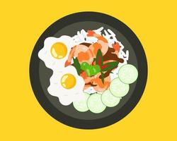 bovenaanzicht van rijst en geroerbakte garnalen met thaise heilige basilicum en gebakken eieren. Aziatische voedselstijl. cartoon vectorstijl voor uw ontwerp. vector