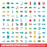 100 watersport iconen set, cartoon stijl vector