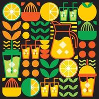 eenvoudige platte illustratie van abstracte vormen van citrusvruchten, citroenen, limonade, limoenen, bladeren en andere geometrische symbolen. vers sinaasappelsap ijsdrank icoon met glas, kruik, stro en plastic beker. vector