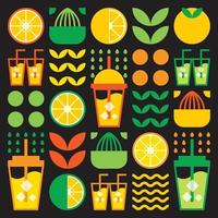 eenvoudige platte illustratie van abstracte vormen van citrusvruchten, citroenen, grapefruit, limonade, limoenen, bladeren en andere geometrische symbolen. vers sap ijsdrank icoon in glas en plastic beker met rietje. vector