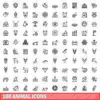 100 dieren iconen set, Kaderstijl vector