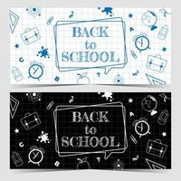 terug naar school promo banners of posters met schoolbenodigdheden en objecten met betrekking tot onderwijs en studieproces op geruit papier met witte en zwarte achtergrond. vectorillustratie in vlakke stijl. vector