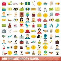 100 filantropie iconen set, vlakke stijl vector