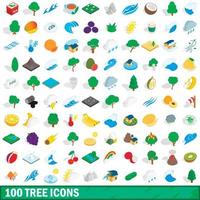 100 boom iconen set, isometrische 3D-stijl vector