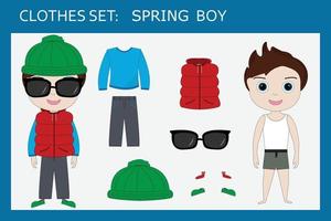 een set kleding voor een kleine vrolijke jongen voor de lente trui, broek, vest, hoed, sneakers, zonnebril. outfit voor een kind in de lente vector