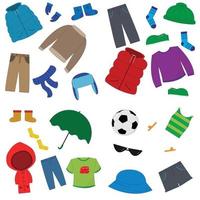 seizoenskleding voor kinderen. kleding seizoen winter en lente cartoon kinderen seizoensgebonden winter, lente, zomer, herfst kleding.t-shirts, broeken, jassen, schoenen vector