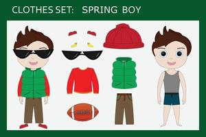 een set kleding voor een kleine vrolijke jongen voor de lente trui, broek, vest, hoed, sneakers, zonnebril. outfit voor een kind in de lente vector